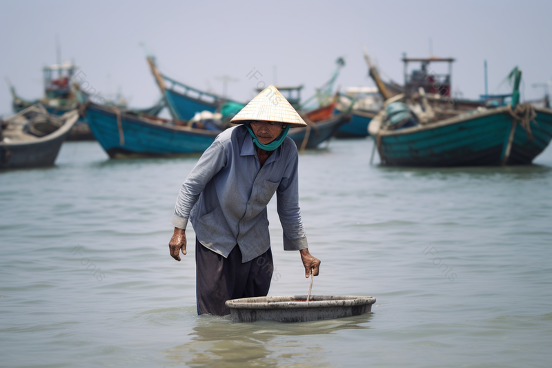 海水中海边渔民在专注的劳作,高清,摄影图,摄影图片,图片大全,摄影图免费下载